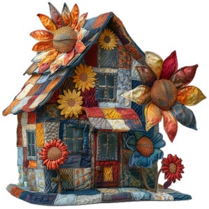 Peut inclure: Une maison de patchwork fantaisiste avec un extérieur en patchwork coloré, ornée de grands tournesols en tissu. La maison a une petite porte et des fenêtres, et une charmante ligne de toit.