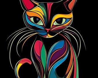 14 Cat Abstract Clipart, Black Cat Digital Images, Artistic Cat Wall Art, Print Cat, Download Cat, Commercial Use Cat Art, High Quality JPG