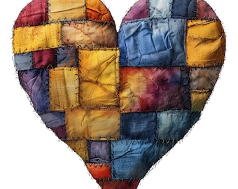 Patchwork Heart Clipart: Watercolor PNG Images (Digital Download), Spring Clipart