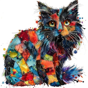 Puede incluir: Una pintura de acuarela de un gato negro con un patrón de patchwork colorido. El gato tiene ojos grandes y expresivos y una cola esponjosa.