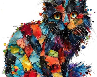 Clipart chat patchwork : images PNG matelassées multicolores (téléchargement numérique), clipart printemps
