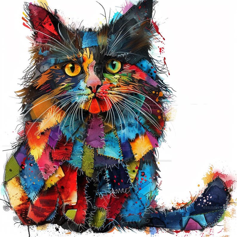 12 Cat Multi-Color Patchwork Clipart, High Quality PNG, Quilted Cat Images, Digital Download, Paper Craft, Junk Journals, Commercial Use