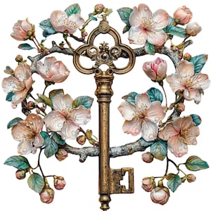 12 FLORAL KEY CLIPARTS, Aquarell Schlüssel und Blumen, Schlüssel und Blumen Wandkunst, Schlüssel an der Wand Clipart, digitales Bild eines Schlüssels inmitten von Blumen