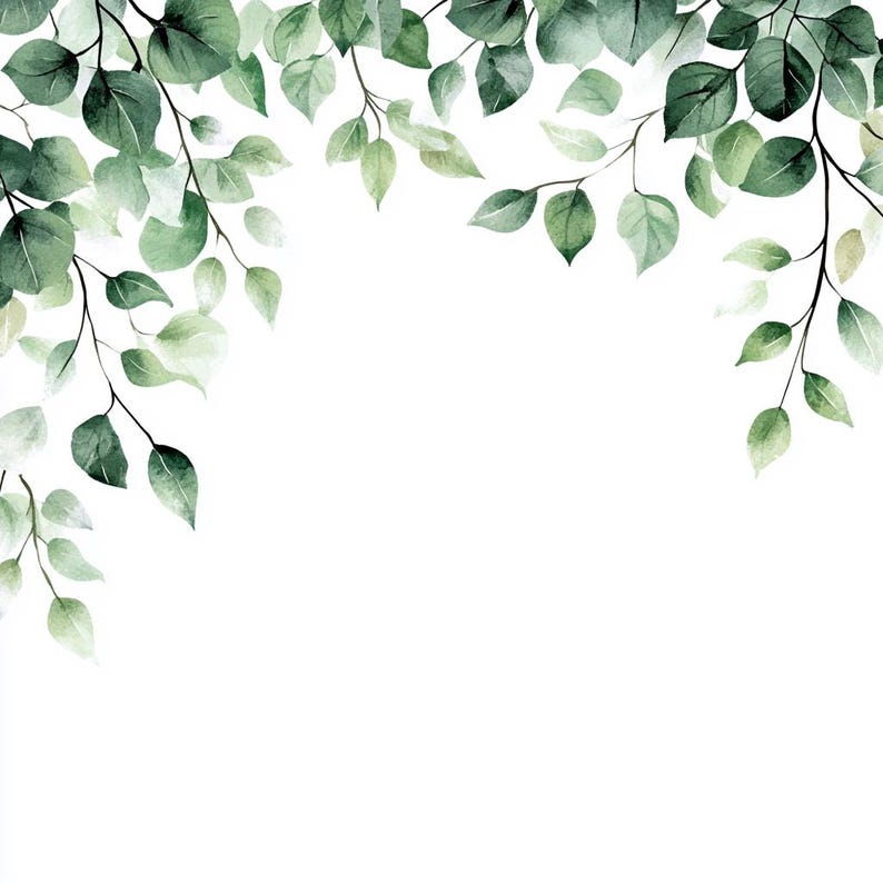 May include: Watercolor painting of green leaves on branches, creating a frame around a white background.