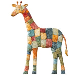 May include: A whimsical, colorful giraffe sculpture. The giraffe is made of wood and features a patchwork design in shades of red, orange, yellow, green, blue, and gray. The giraffe has a long neck, a smiling face, and closed eyes.