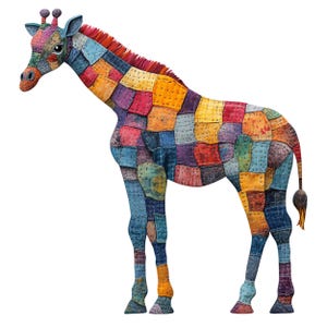 May include: A colorful giraffe illustration with a patchwork design. The giraffe's body is composed of various fabric squares in shades of blue, red, yellow, and purple. The giraffe has a long neck, small horns, and a tail.