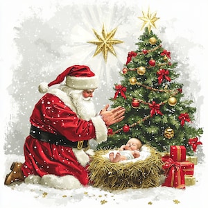 10 Image numérique du Père Noël et de l'enfant Jésus, illustration de l'enfant Jésus, Père Noël priant l'enfant Jésus clipart, clipart Noël aquarelle, l'enfant Jésus