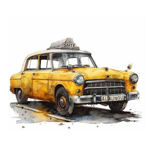 Watercolor Yellow Taxi Cab Clipart: Printable JPG Images