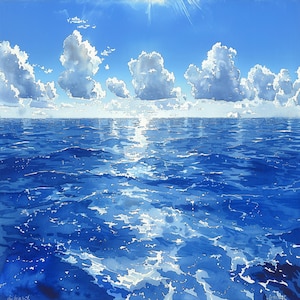 Puede incluir: Una pintura de acuarela de un océano azul brillante con nubes blancas en el cielo. El sol brilla y se refleja en el agua.