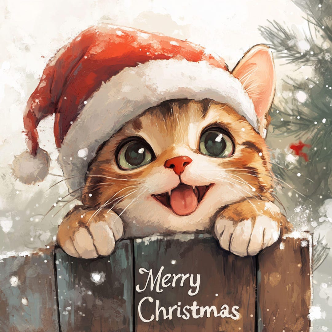 壁掛け絵☆【可愛い猫ちゃんたちは楽しく美しいクリスマスを迎える】 笑顔のかわいい猫のクリスマス クリップアート：サンタ帽のデジタル