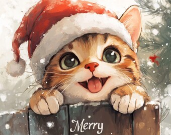 笑顔のかわいい猫のクリスマス クリップアート：サンタ帽のデジタル