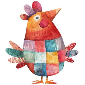Puede incluir: Ilustración en acuarela de un pájaro patchwork con un cuerpo rojo, naranja y amarillo. El pájaro tiene un pico rojo, una mejilla rosa y una cresta de plumas moradas y rojas. Las alas son de patchwork colorido.