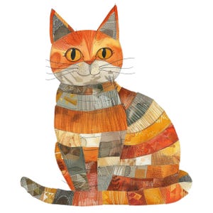 Peut inclure: Un chat orange et brun en patchwork avec un visage blanc et des yeux jaunes. Le chat est assis avec sa queue enroulée autour de son corps.