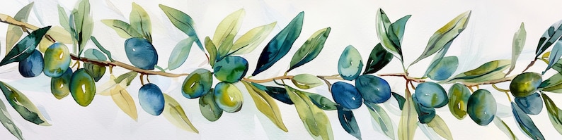 Peut inclure: Peinture &agrave; l'aquarelle d'une branche d'olivier avec des feuilles vertes et des olives bleues.