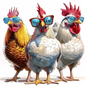 10 polluelos PNG en gafas de sol, pollo divertido, imágenes prediseñadas de pollo de dibujos animados, acuarela imprimible, alta calidad, uso comercial, artesanía de papel PNG JPG