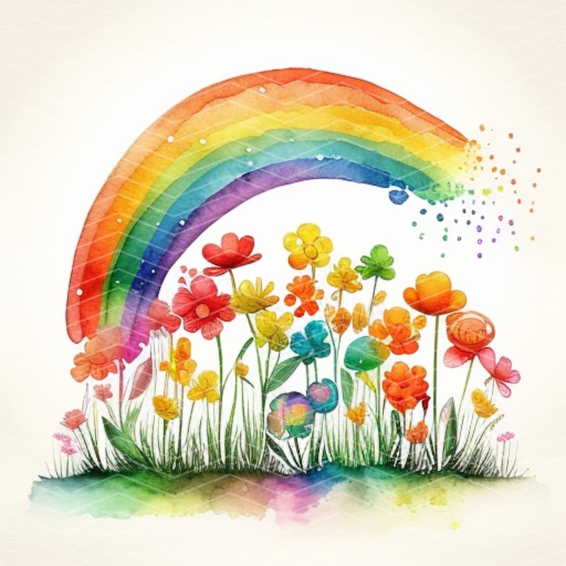 May include: A watercolour painting of a rainbow arching over a field of colourful flowers. The flowers are painted in shades of red, orange, yellow, green, blue, and purple.