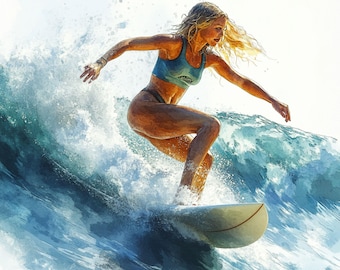 Surfing Girl Watercolor Clipart: Beach Summer Graphics (JPG)