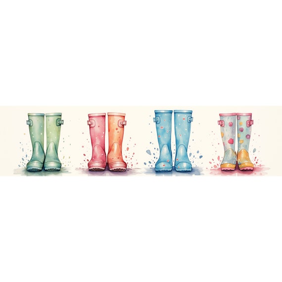 Watercolor Rain Boots Border Clipart: High-Resolution JPG (Digital Download), Summer Clipart