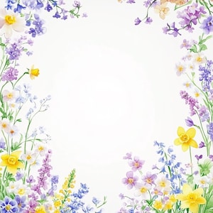May include: A watercolor illustration of a floral border with purple, blue, and yellow flowers. The flowers are arranged in a circular pattern around a white background.