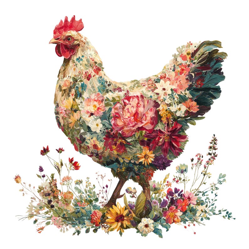 12 Watercolor Floral Chicken Clipart: Farm Animal PNG (digital Download ...