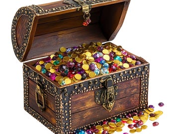 Imágenes prediseñadas de cofres del tesoro: Monedas y gemas piratas coloridas en formato PNG (descarga digital)