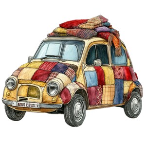 May include: A yellow vintage car covered in a patchwork quilt with a license plate that reads "BTF 8623T". The car is topped with a stack of colorful blankets.