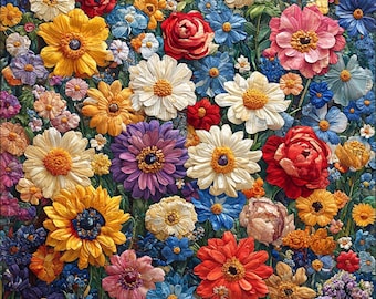 Patchwork Flower Clipart: Multicolored Floral Art, Scrapbooking (JPG Digital Download), Summer Clipart