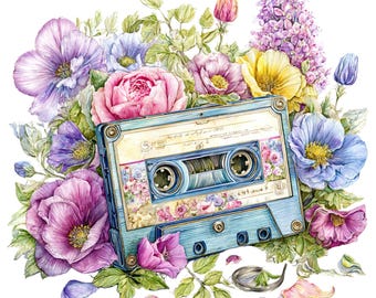 May include: A watercolor illustration of a vintage cassette tape in light blue, surrounded by a vibrant arrangement of colorful flowers. The flowers include pink roses, purple poppies, and yellow blooms, creating a nostalgic and artistic composition.
