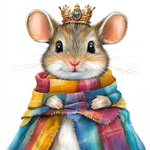Könnte beinhalten: Eine süße Comic-Maus, die einen bunten karierten Schal und eine goldene Krone mit einem grünen Juwel trägt. Die Maus hat einen freundlichen Ausdruck und schaut direkt auf den Betrachter.