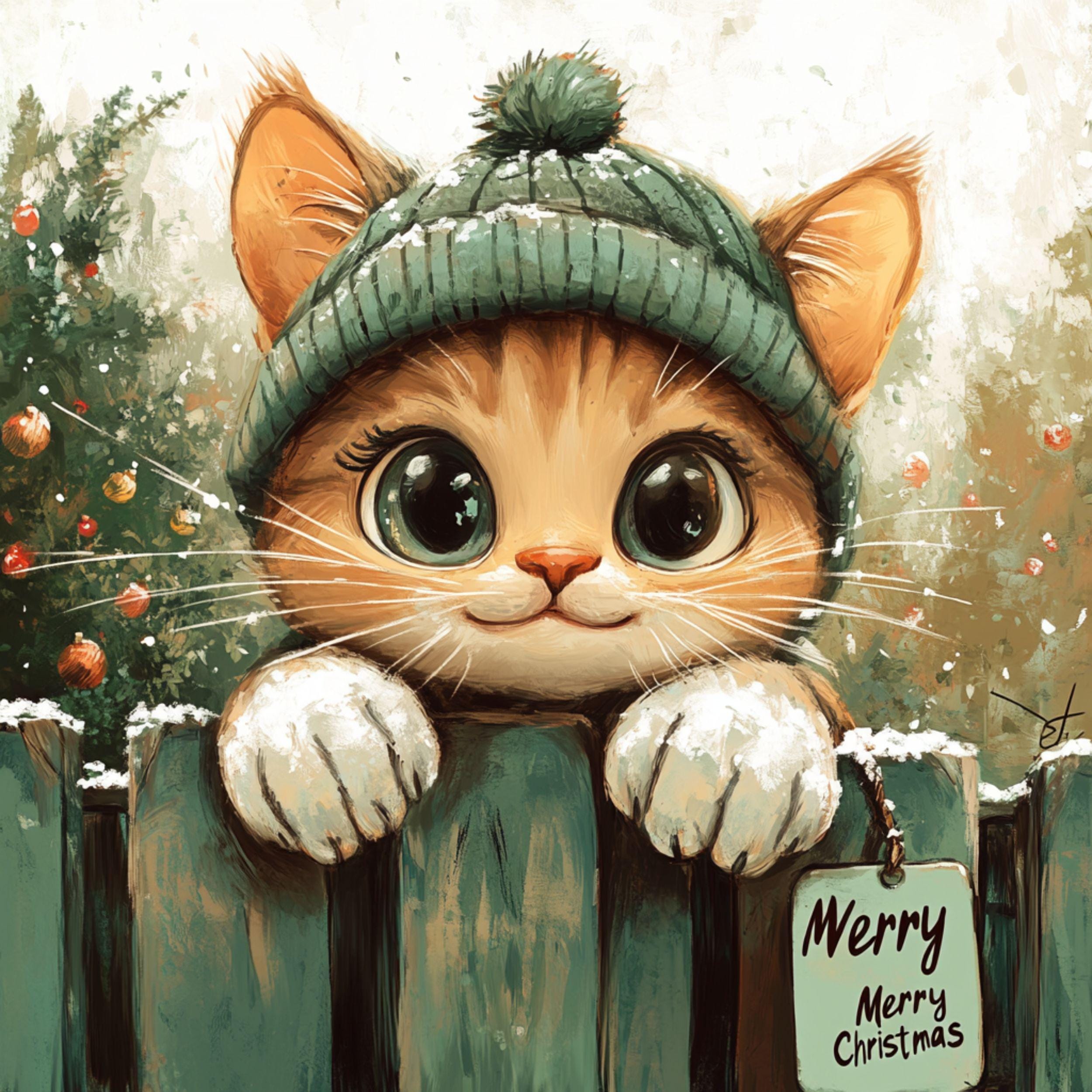 笑顔のかわいい猫のクリスマス クリップアート：サンタ帽のデジタル