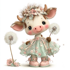 Puede incluir: Ilustración caprichosa de una vaca de dibujos animados con una corona floral y un vestido verde claro. La vaca sostiene un diente de león y lleva zapatos rosas. La imagen tiene una paleta de colores pastel suave y una estética de cuento de hadas.