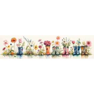 Floral Rain Boots Border Watercolor Clipart, Rain Boots Illustration, High-Resolution JPG, Watercolor Art Digital Download, Wall Art boot