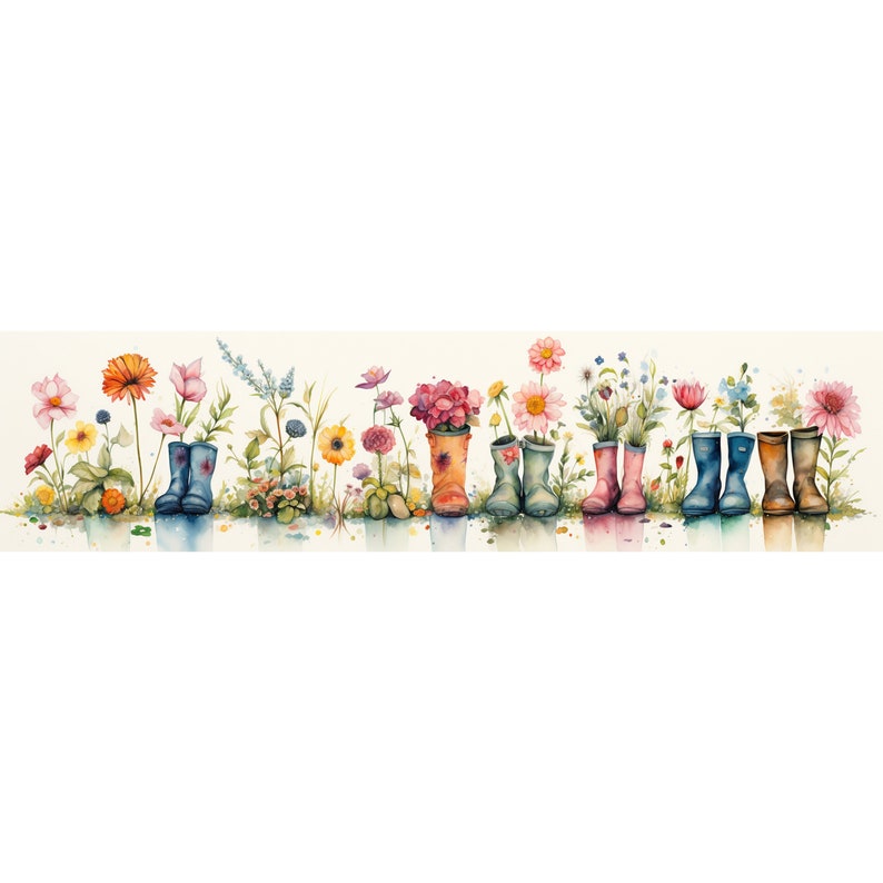 Floral Rain Boots Border Watercolor Clipart, Rain Boots Illustration, High-Resolution JPG, Watercolor Art Digital Download, Wall Art boot