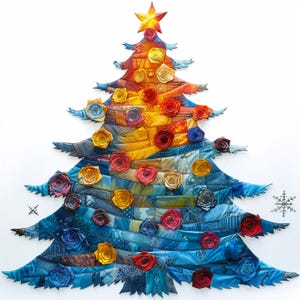 May include: A blue and orange Christmas tree made of fabric scraps and decorated with fabric flowers. The tree is decorated with a star on top and has a blue and white striped base.