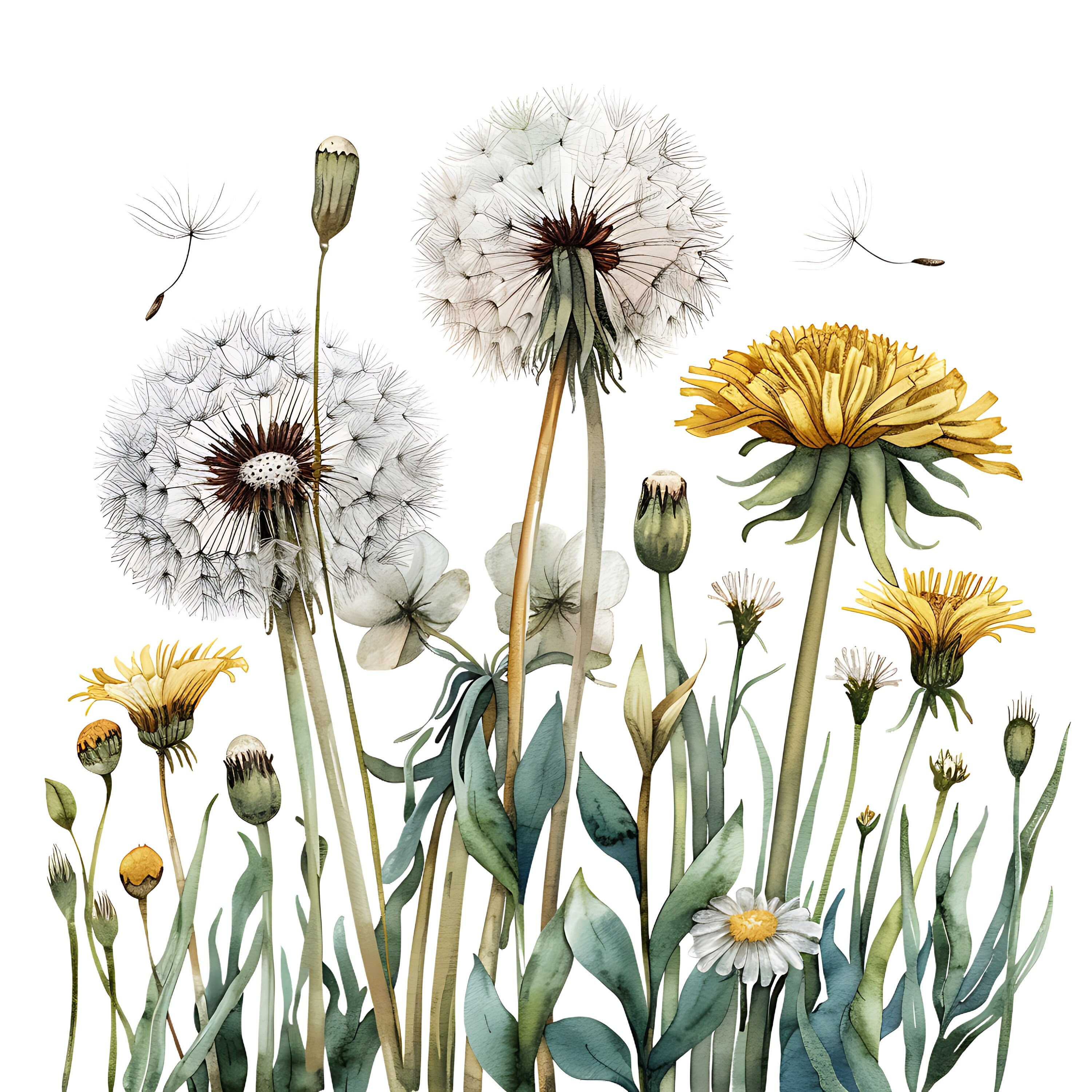 Watercolor Dandelions Clipart: Transparent PNG Flowers (digital