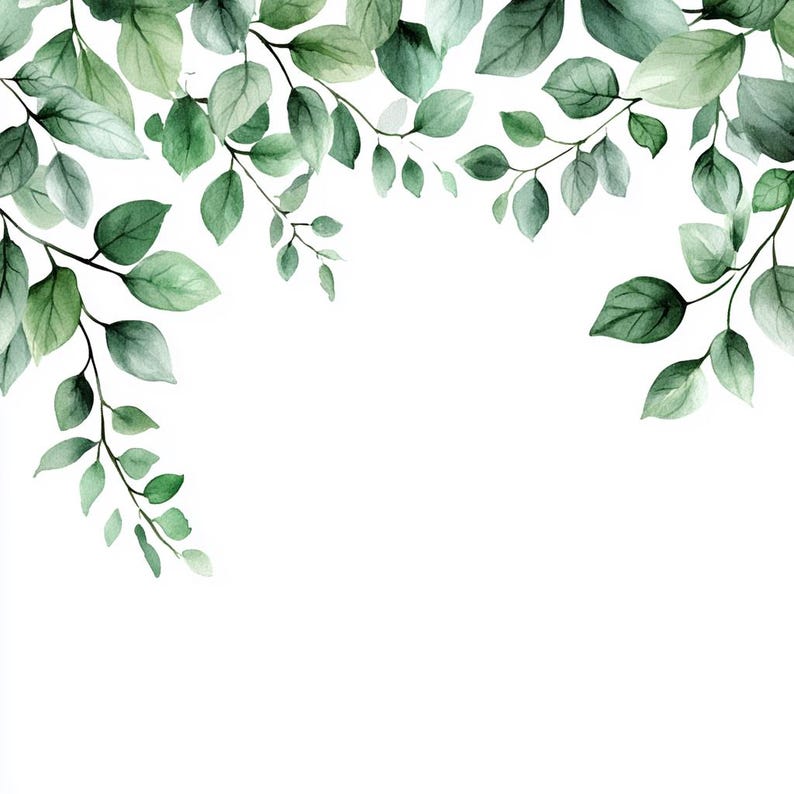 May include: Watercolor painting of green leaves and branches arranged in a border around a white background.