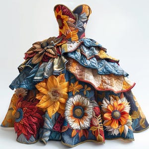 May include: A strapless dress made of fabric scraps and embellished with colorful flowers. The dress is a patchwork of different fabrics and colors, including blue, yellow, red, and green. The flowers are made of fabric and are sewn onto the dress. The dress is a unique and creative piece of art.