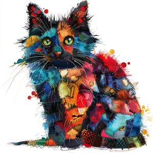 12 Cat Multi-Color Patchwork Clipart, High Quality PNG, Quilted Cat Images, Digital Download, Paper Craft, Junk Journals, Commercial Use