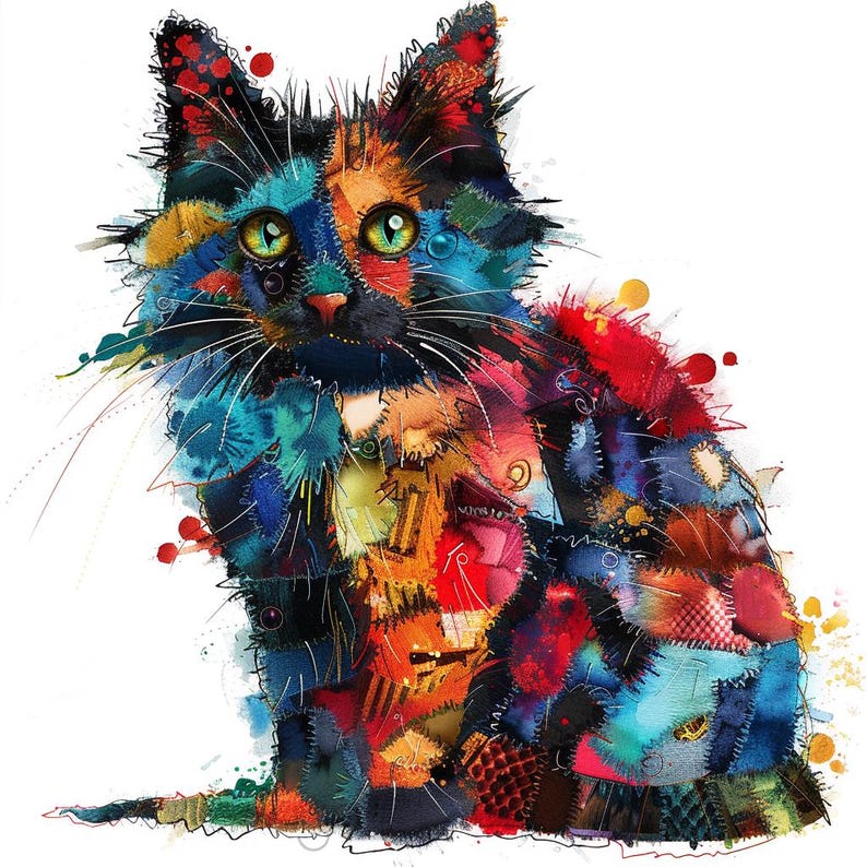 12 Cat Multi-Color Patchwork Clipart, High Quality PNG, Quilted Cat Images, Digital Download, Paper Craft, Junk Journals, Commercial Use