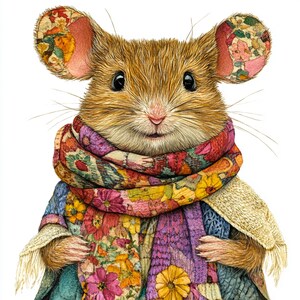 May include: A brown mouse with large ears wearing a colorful floral patterned scarf. The mouse has a sweet expression and is looking directly at the viewer.