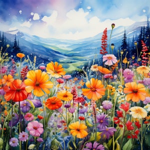 May include: A watercolor painting of a field of wildflowers in shades of pink, yellow, orange, and red. The flowers are in bloom and growing in a field with a mountain range in the background.