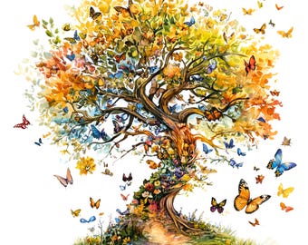 Incantevoli clipart di alberi ad acquerello: farfalle, uccelli, fiori (download digitale)