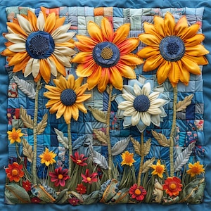 May include: A blue patchwork quilt with a floral design. The quilt features several large, colourful fabric flowers, including yellow, orange, and white. The flowers are arranged in a symmetrical pattern, with smaller flowers and leaves scattered throughout the quilt.