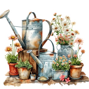 Paquete de 12 imágenes prediseñadas de jardinería en acuarela, PNG transparente, herramientas de jardinería en acuarela PNG para álbumes de recortes o tarjetas, descarga instantánea