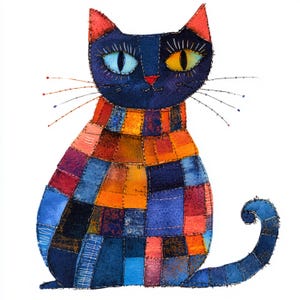 Op de afbeelding: Een kleurrijke patchworkkat met blauwe, oranje, rode en gele stof. De kat heeft een zwart gezicht met blauwe en gele ogen.