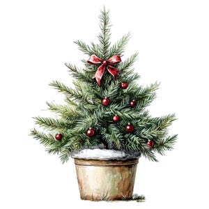 May include: A small green Christmas tree decorated with red ornaments and a red bow, in a brown pot with a white rim.