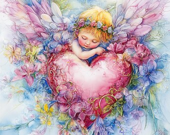Può includere: Dipinto ad acquerello di una figura cherubina con capelli biondi, una corona floreale e grandi ali colorate. La figura poggia su un grande cuore rosa circondato da fiori nei toni del rosa, viola e blu. Lo sfondo è azzurro.