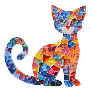 Peut inclure: Une illustration de chat en mosaïque colorée avec un schéma de couleurs bleu, orange et jaune. Le chat est assis avec sa queue enroulée autour de son corps.