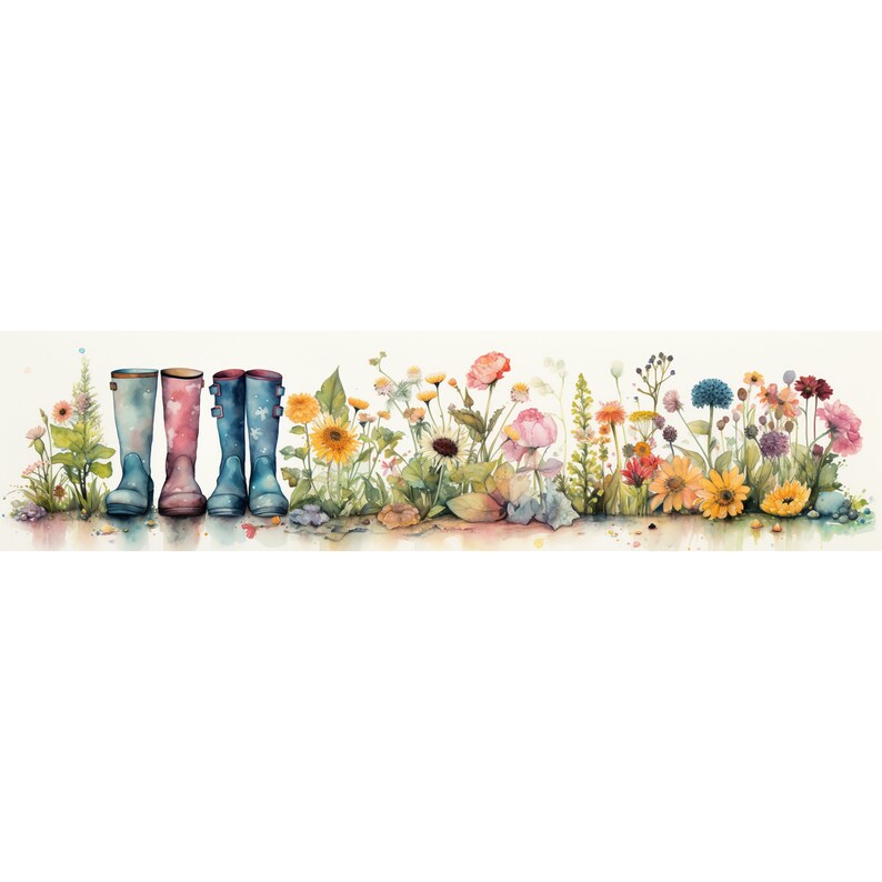 Floral Rain Boots Border Watercolor Clipart, Rain Boots Illustration, High-Resolution JPG, Watercolor Art Digital Download, Wall Art boot
