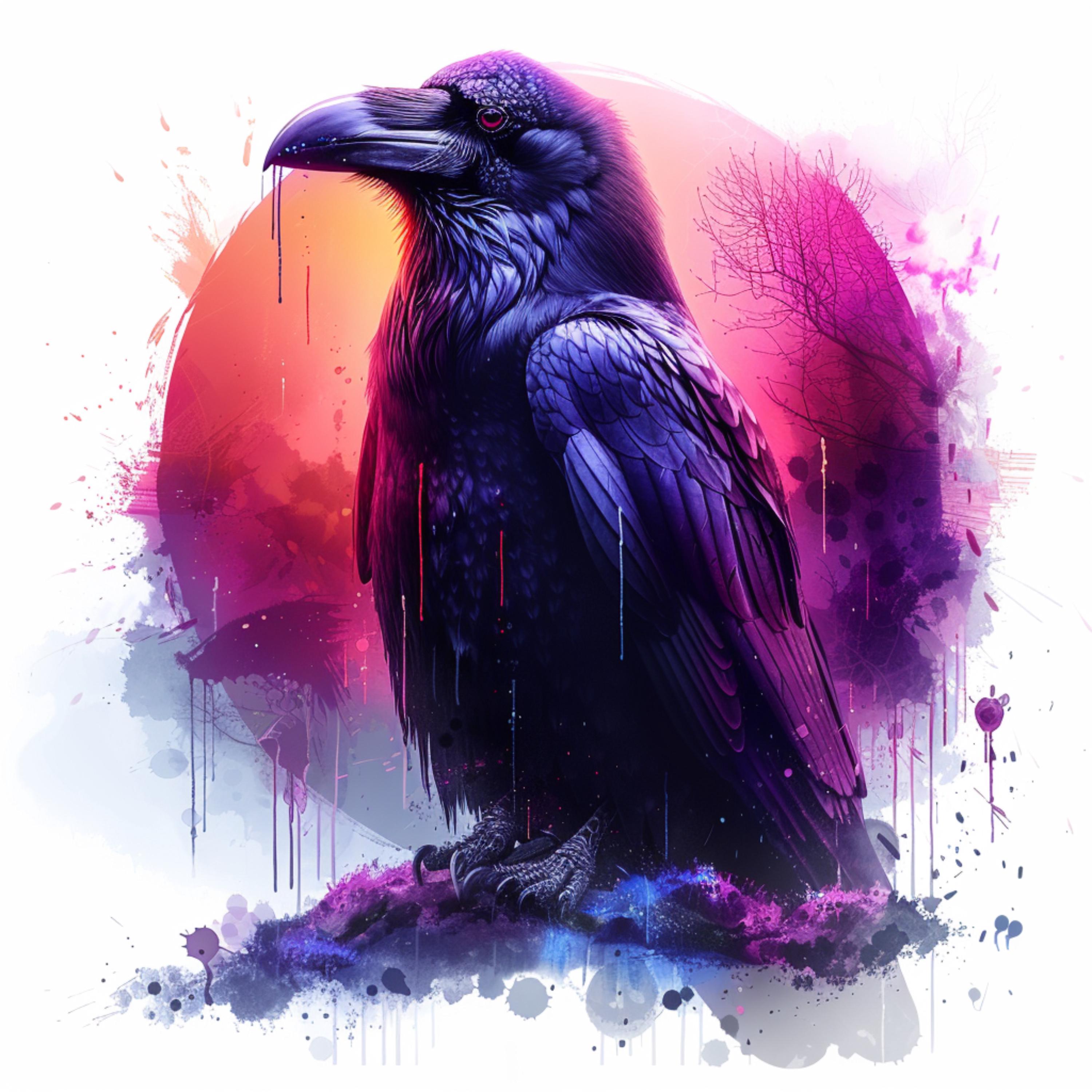 12 Crow Neon Clipart, Crow Clip Art Wall Art, Watercolor Crow Clipart